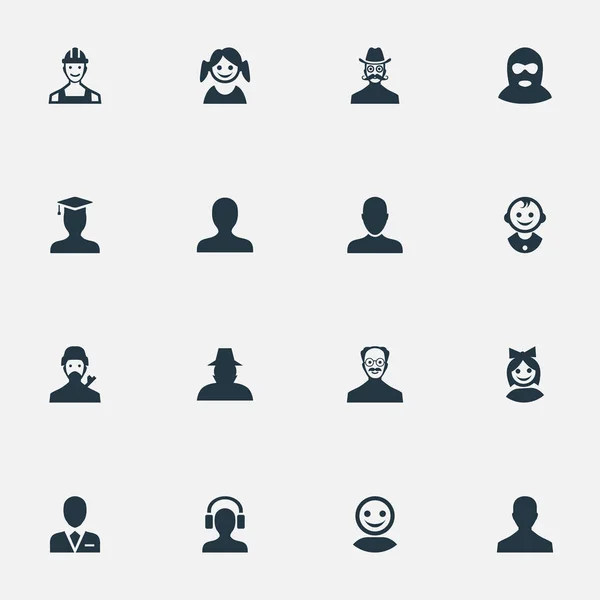Vector illustratie Set van eenvoudige menselijke iconen. Elementen Felon, mannelijke gebruikers, jonge scheerapparaat en andere synoniemen mannelijk, postdoctorale opleiding en mysterieus. — Stockvector