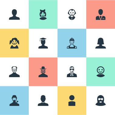 Vektör çizim basit üye simgeler kümesi. Öğeleri proletarya, suçlu, kız yüz ve diğer eş anlamlı işçi, yüz ve Internet.