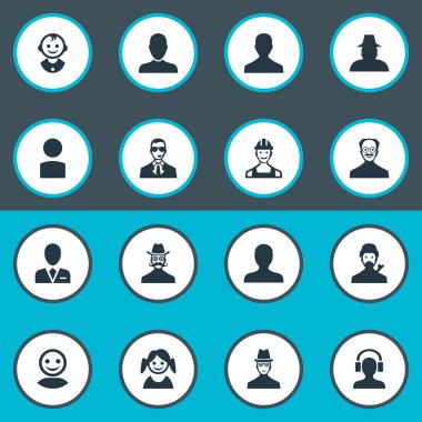 Vektör çizim basit insan simgeler kümesi. Öğeleri Insider, proleter, küçük kız ve diğer eş anlamlı genç, küçük ve kulaklık.