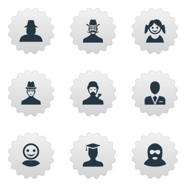 Vektör çizim basit Avatar simgeler kümesi. Öğeleri yüksek lisans, gizemli adam, işçi ve diğer eş anlamlı kullanıcı, şapka ve adam.