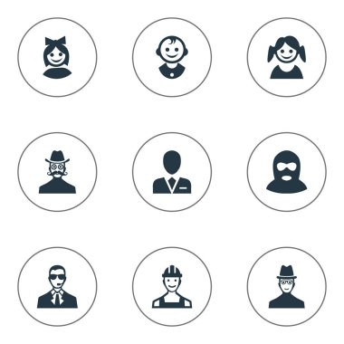 Vektör çizim basit insan simgeler kümesi. Öğeleri suçlu, proletarya, kız yüz ve diğer eş anlamlı Face, casus ve küçük.