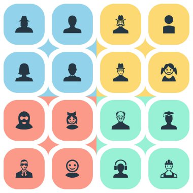 Vektör çizim basit üye simgeler kümesi. Öğeleri küçük kız, bıyıklı adam, içeriden ve diğer eş anlamlı Ajan, yüksek lisans ve profil.