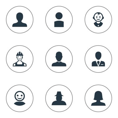 Vektör çizim basit Avatar simgeler kümesi. Öğeleri Internet profili, kadın kullanıcı, Ajan ve diğer eş anlamlı kullanıcı erkek ve Insider.