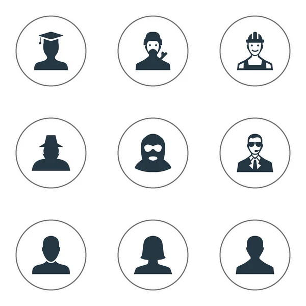Illustrazione vettoriale Set di icone semplici membri. Elementi Donna Utente, Agente, Post-laurea e altri sinonimi Avatar, Utente e Post-laurea . — Vettoriale Stock