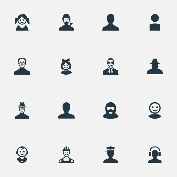Vector illustratie Set van eenvoudige menselijke iconen. Elementen Agent, snorharen Man, misdadiger en andere synoniemen jongen, Insider en Graduate. — Stockvector