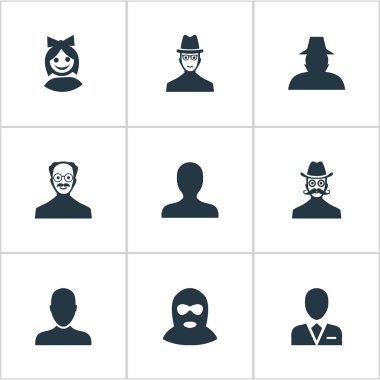 Vektör çizim basit üye simgeler kümesi. Öğeleri işçi, casus, bıyık adam ve diğer eş anlamlı adam, şapka ve küçük.