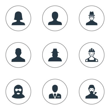 Vektör çizim basit üye simgeler kümesi. Öğeleri erkek kullanıcı, casus, Ajan ve diğer eş anlamlı profil, şapka ve işçi.