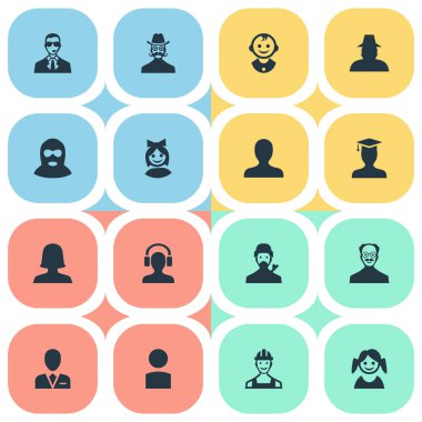 Vektör çizim basit üye simgeler kümesi. Öğeleri kadın kullanıcı, işçi, portre ve diğer eş anlamlı çocuk adam ve bıyık.