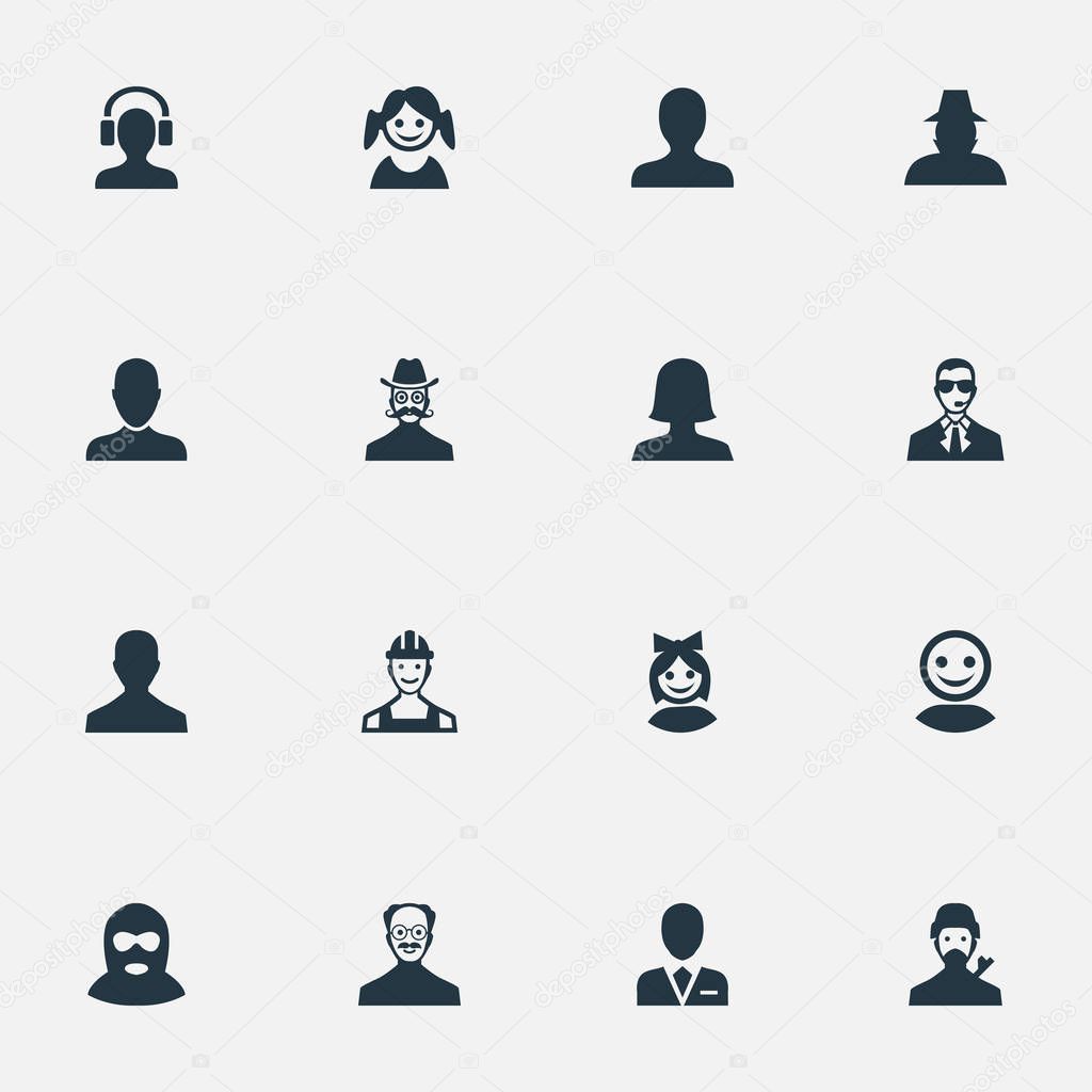 Vector Illustration Set Of Simple Member Icons. Elements Job Man, Workman, Little Girl And Other Synonyms Face, Profile And Felon.