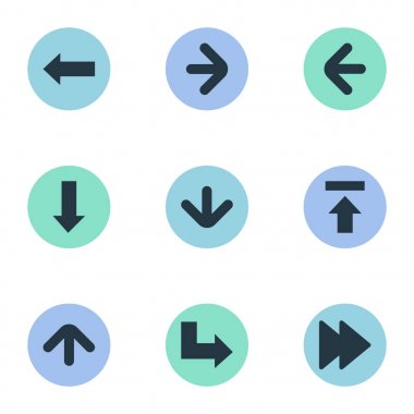 Vektör çizim basit oklar simgeler kümesi. Öğeleri yukarı doğru yönü, doğru yönde, sol yön ve diğer eş yukarı doğru ok ve gelişmiş.