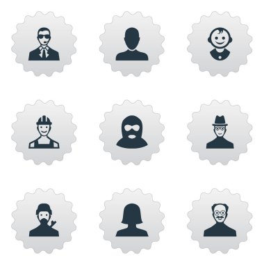 Vektör çizim basit Avatar simgeler kümesi. Öğeleri iş adam, gizemli adam, suçlu ve diğer eş anlamlı adam bıyık ve şapka.