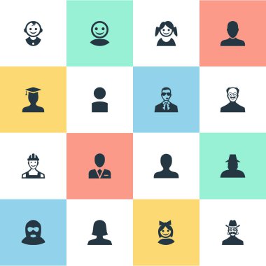 Vektör çizim basit Avatar simgeler kümesi. Öğeleri bıyıklı adam, proletarya, kız yüz ve diğer eş küçük kız ve Müfettiş.