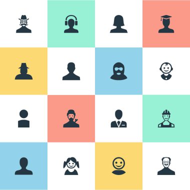 Vektör çizim basit insan simgeler kümesi. Öğeleri işçi, genç tıraş makinesi, yüksek lisans ve diğer eş anlamlı Aracısı iş ve Web.