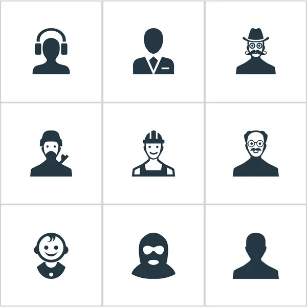 Illustration vectorielle Ensemble d'icônes humaines simples. Eléments Moustache Man, Homme avec casque, Homme mystérieux et autres synonymes Jeune, coupable et murmures . — Image vectorielle