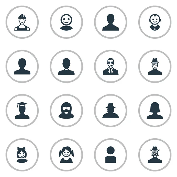 Illustrazione vettoriale Set di icone umane semplici. Elementi Lavoro Uomo, Insider, Bambina e altri sinonimi Colpevole, Internet e trasgressore . — Vettoriale Stock