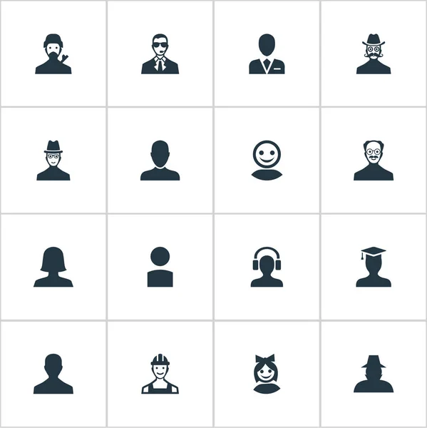 Illustrazione vettoriale Set di icone umane semplici. Elementi Baffi Uomo, Profilo Internet, Donna Utente e altre sinonimi Studente, Ingegnere e Donna . — Vettoriale Stock