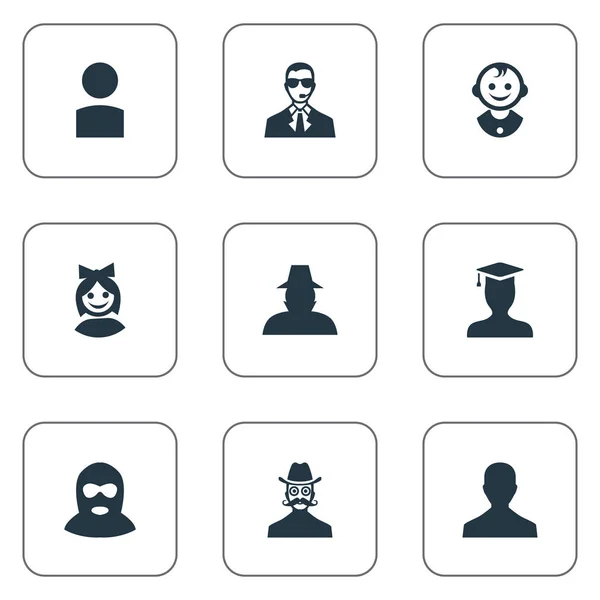 Vector Illustration Set of Simple Member Icons. Agente de elementos, guardaespaldas, cara de chica y otros sinónimos Miembro, estudiante y cara . — Archivo Imágenes Vectoriales