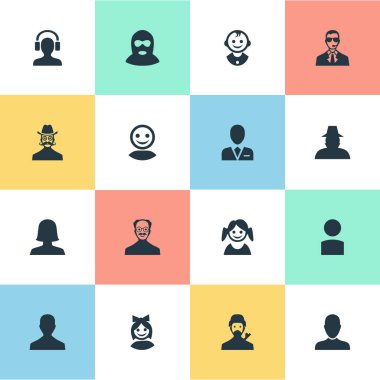 Vektör çizim basit Avatar simgeler kümesi. Öğeleri erkek kullanıcı, kız yüz, iş adamı ve diğer eş anlamlı çocuk, profil ve koruma.