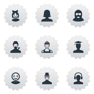 Vektör çizim basit üye simgeler kümesi. Öğeleri kadın kullanıcı, proletarya, yüksek lisans ve diğer eş anlamlı suçlunun kız ve yüksek lisans.