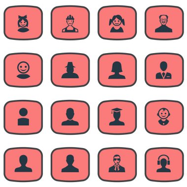 Vektör çizim basit Avatar simgeler kümesi. Öğeleri işçi, emekçi, portre ve diğer eş anlamlı kulaklık Avatar ve Müfettiş.