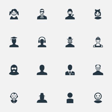 Vektör çizim basit insan simgeler kümesi. Öğeleri portre, Insider, küçük kız ve diğer eş anlamlı çocuk, proletarya ve suçlu.