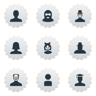 Vektör çizim basit Avatar simgeler kümesi. Öğeleri Insider, casus, kadın kullanıcı ve diğer eş anlamlı şapka bıyık ve mezunu.