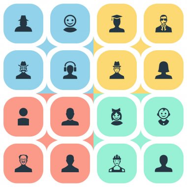 Vektör çizim basit insan simgeler kümesi. Öğeleri Insider, genç tıraş makinesi, proletarya ve diğer eş anlamlı erkek, güvenlik ve Dedektif.