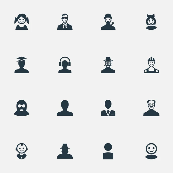 Illustrazione vettoriale Set di icone umane semplici. Elementi Ritratto, Insider, Bambina e altre sinonimi Ragazzo, Proletario e criminale . — Vettoriale Stock