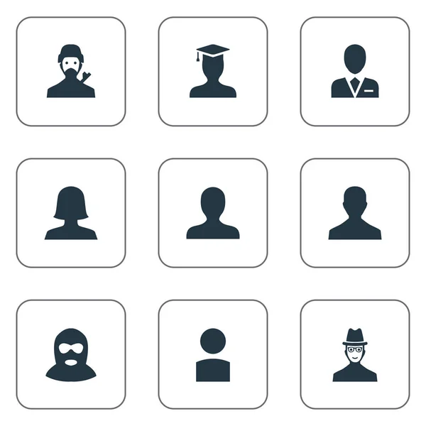 Illustrazione vettoriale Set di icone semplici membri. Elementi Felon, Ritratto, Insider e altri sinonimi Avatar, Membro e Insider . — Vettoriale Stock