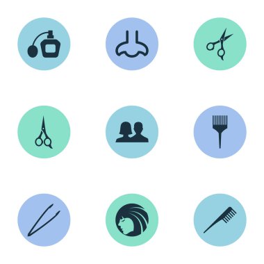 Vektör çizim basit güzellik simgeler kümesi. Öğeleri arması, tarak, müşteriler ve diğer eş anlamlı Perume kuaförü ve makası.