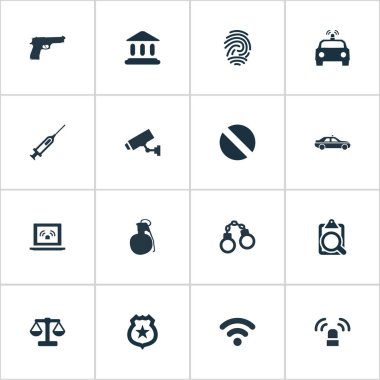 Vektör çizim basit suç simgeler kümesi. Öğeleri polis Araba, patlayıcı, adalet ve diğer eş anlamlı sinyal flaşör ve polis.