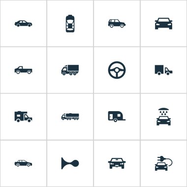 Vektör çizim basit otomobil simgeler kümesi. Araba sürme, öğeleri klakson, Auto ve diğer eş anlamlı Van kamyon ve Siren.