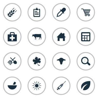 Vektör çizim basit tarım simgeler kümesi. Öğeleri Buffalo, pipet, ilaç ve diğer eş anlamlı tıbbi, çiftlik ve sepeti.