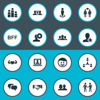 Vektör çizim basit arkadaşları simgeler kümesi. Öğeleri vücut geliştirme, homoseksüel, bira ve diğer eş anlamlı ağ arkadaş ve profil.