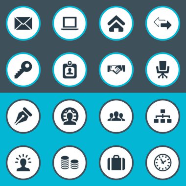 Vektör çizim basit B2b simgeler kümesi. Öğeleri el çantası, üye, çalışma koltuk eş anlamlı kart, şifre ve madeni paralar.