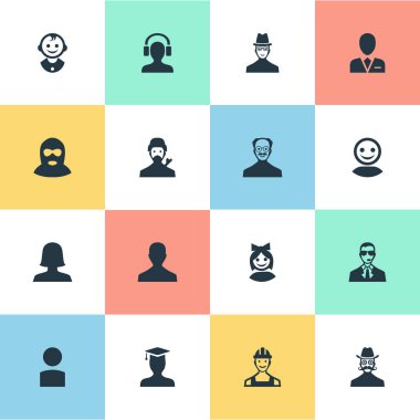 Vektör çizim basit insan simgeler kümesi. Öğeleri erkek kulaklık, genç tıraş makinesi, içeriden ve diğer eş anlamlı koruma, gizemli ve Web.