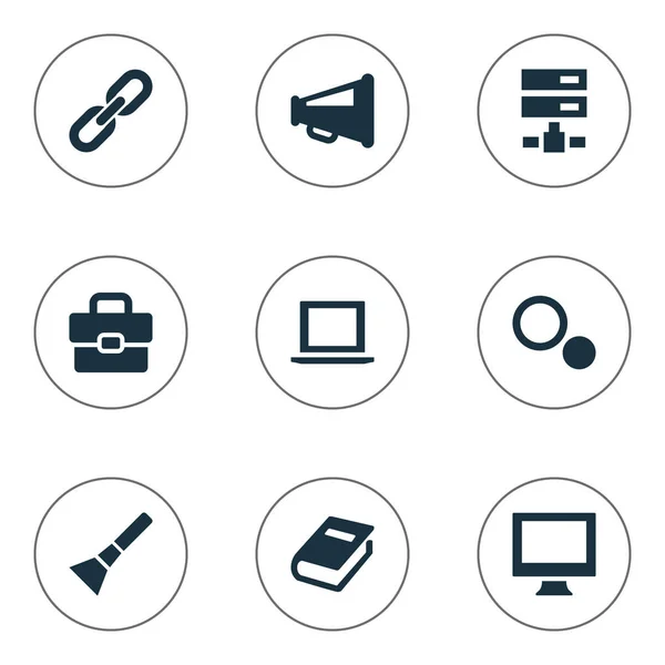 Vektor Illustration Set von einfachen Web-Icons. Elemente Handlaterne, Display, Aktentasche Synonyme Bullhorn, Buch und Werkzeug. — Stockvektor