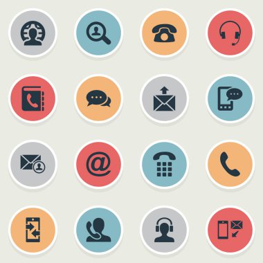 Vektör çizim basit iletişim simgeler kümesi. Öğeleri mektup yazar, uluslararası iş, posta ve diğer eş anlamlı düğmeleri ahize ve kulaklık.