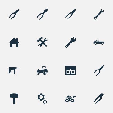 Vektör çizim basit yapı simgeler kümesi. Öğeleri atölye, pense, inşaat ve diğer eşanlamlı ayarlanabilir, traktör ve tornavida.