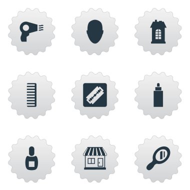 Vektör çizim basit güzellik uzmanı simgeler kümesi. Öğeleri konteyner, Flask, süpermarket ve diğer eş anlamlı Salonu, cam ve jilet.