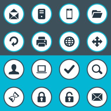 Vektör çizim basit bir uygulama simgeler kümesi. Öğeleri açmak asma kilit, ileti, bilgisayarınızın kasasını ve diğer eş anlamlı ok, Küre ve yazıcı.