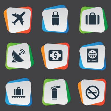 Vektör çizim basit uçak simgeler kümesi. Öğeleri para birimi, seyahat çantası, koruma aracı ve diğer eş durdurmak, dolar ve yangın.