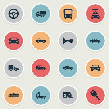 Vektör çizim basit otomatik simgeler kümesi. Öğeleri tur otobüsü, direksiyon simidi, trafik ve diğer eş anlamlı kargo, direksiyon ve anahtar.