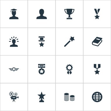 Vektör çizim basit ödüller simgeler kümesi. Öğeleri onur, kullanıcı, edebiyat ve diğer eş anlamlı mucize, amblem ve madalya.