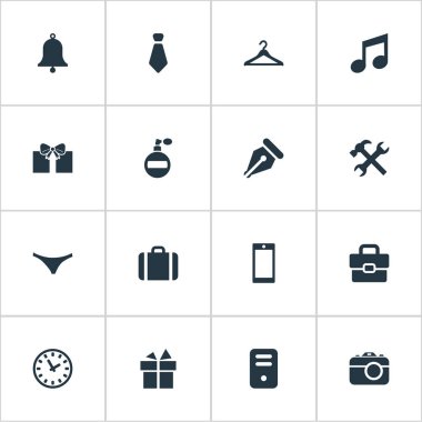 Vektör çizim basit simgeler kümesi. Öğeleri koku, iş çantası, mürekkep kalem ve diğer eş anlamlı hediye, fotoğraf ve kravat.