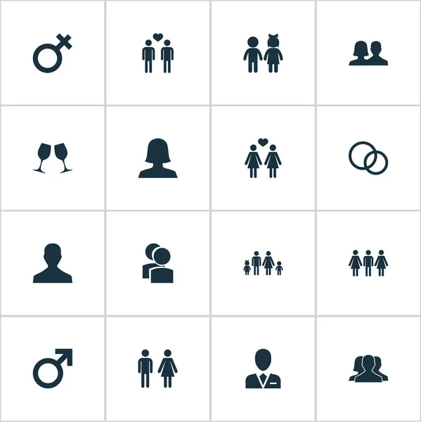 Vector illustratie Set van eenvoudige paar iconen. Elementen echtgenoot, vrouw, man synoniemen paar, geliefden en advocaat. — Stockvector