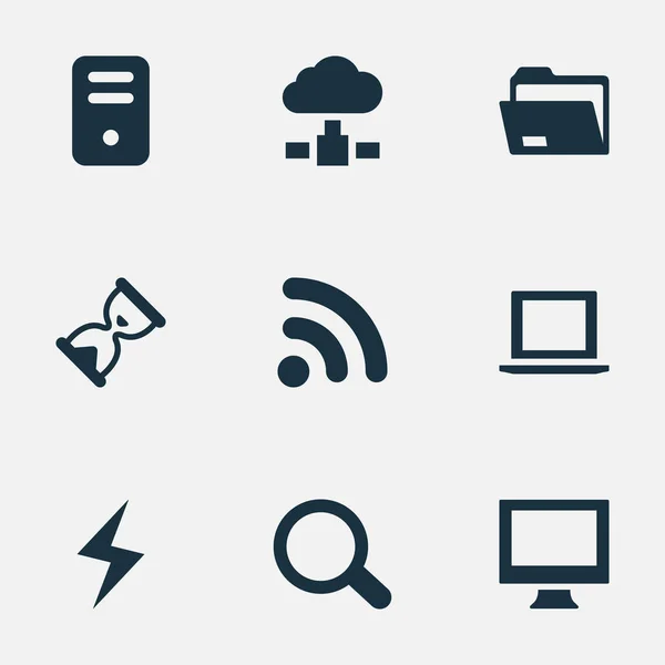 Vector Illustration Set of Simple Notebook Icons (en inglés). Unidad de sistema de elementos, reloj de arena, batería y otros sinónimos inalámbricos, monitor y carga . — Archivo Imágenes Vectoriales