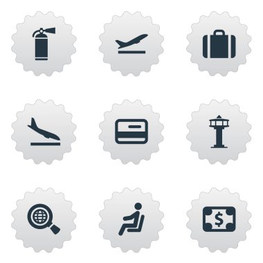 Vektör çizim sade seyahat etmek simge kümesi. Öğeleri kredi kartı, Alighting uçak, uçuş kontrol kulesi ve diğer eş anlamlı bavul, koltuk ve sinek.