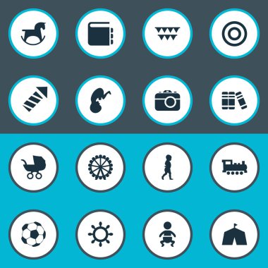 Vektör çizim basit bebek simgeler kümesi. Öğeleri çocuk, yönetim kurulu, bebek arabası ve diğer eş anlamlı kitapçı çocuk arabası ve Kütüphane.