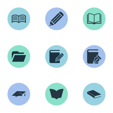Vektör çizim basit eğitim simgeler kümesi. Öğeleri klasör, akademik kap, eğitim ve diğer eş anlamlı yazmak, roman ve şapka.